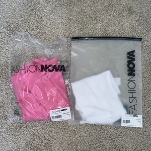 2-for-1 white crop top + pink halter top - both from Fashionnova